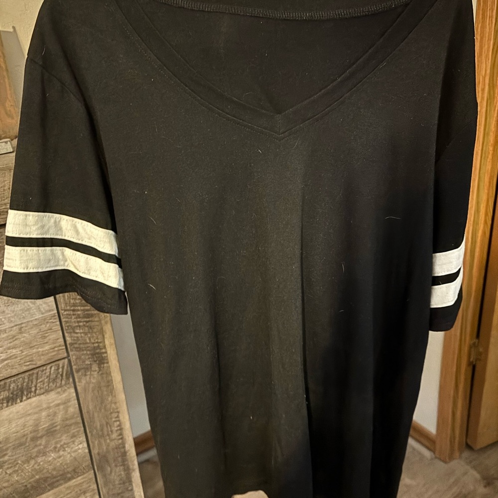 Black V-Neck T-Shirt with White Stripes